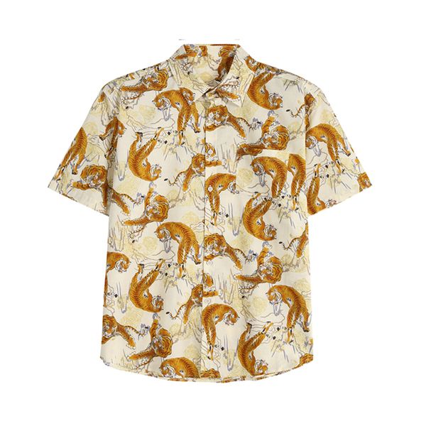 european and american men's wear summer 2022 new short sleeve lapel single breasted yellow tiger print fashion shirt, White;black
european and american men's wear summer 2022 new short sleeve lapel single breasted yellow tiger print fashion shirt, White;black