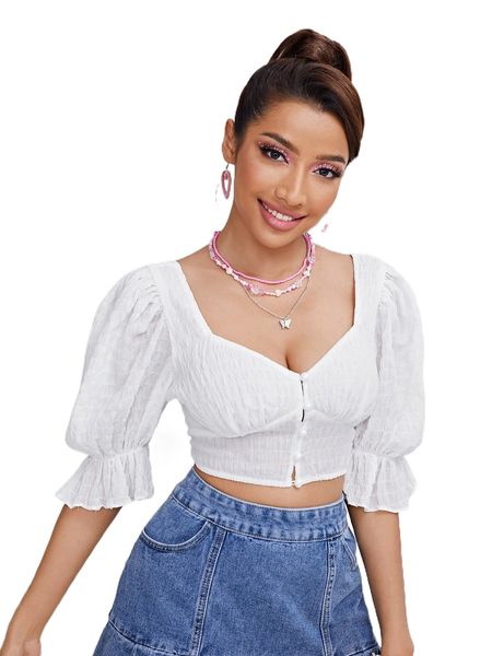 sweetheart neck flounce sleeve blouse d8ei#, White