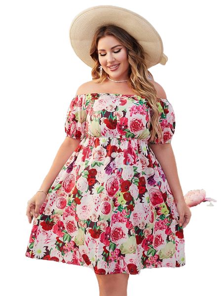 plus allover floral print off shoulder dress e6am#, Black 
plus allover floral print off shoulder dress e6am#, Black