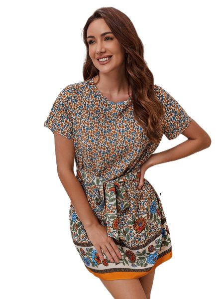 allover floral print belted dress m13n#, Black;gray