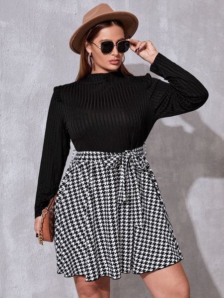 plus houndstooth print mock neck belted dress q2qh#, Black