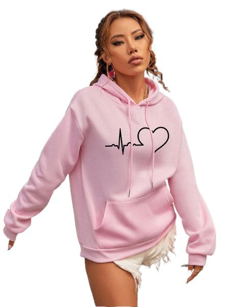 ecg & heart print drop shoulder kangaroo pocket drawstring thermal hoodie g3rg#, Black 
ecg & heart print drop shoulder kangaroo pocket drawstring thermal hoodie g3rg#, Black