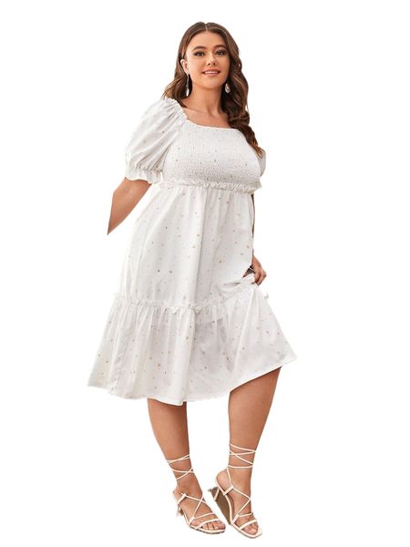 plus star print shirred bust puff sleeve a-line dress c0pl#, Black
plus star print shirred bust puff sleeve a-line dress c0pl#, Black