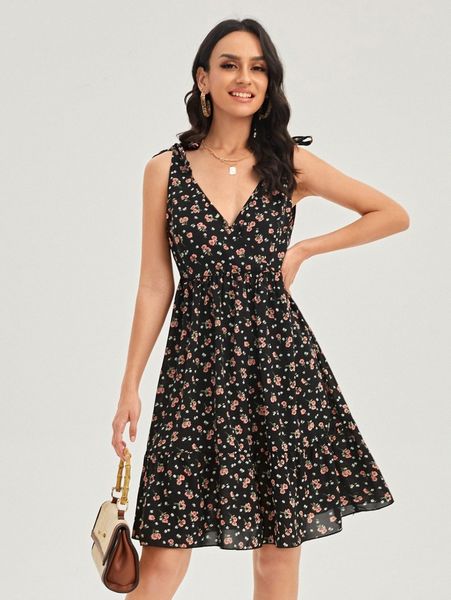floral print knot shoulder dress c6y9#, Black;gray