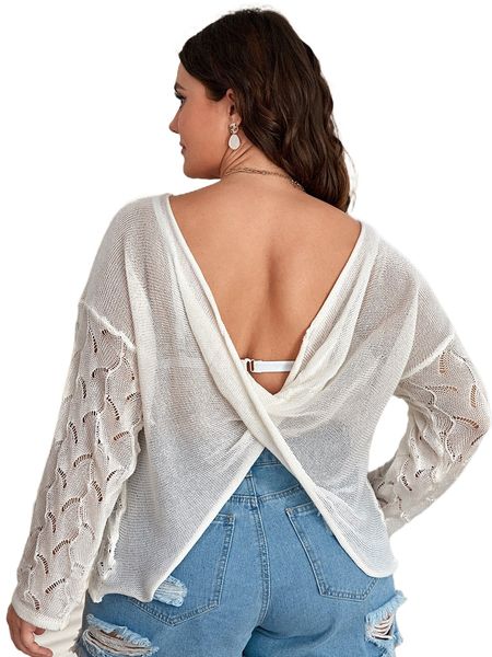 plus crossover back pointelle knit drop shoulder sweater without bra f5g1#, Black
plus crossover back pointelle knit drop shoulder sweater without bra f5g1#, Black