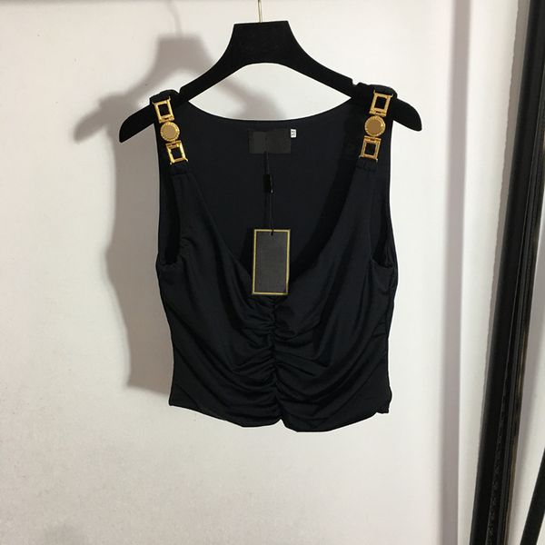 gold button women tanks vests black sleeveless elastic tee camis joint name breathable cotton vest tee, White
gold button women tanks vests black sleeveless elastic tee camis joint name breathable cotton vest tee, White
