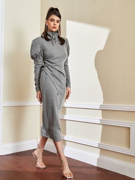 x lantie4 ruched side drawstring high neck gigot sleeve wrap hem dress n6av#, Black;gray
x lantie4 ruched side drawstring high neck gigot sleeve wrap hem dress n6av#, Black;gray