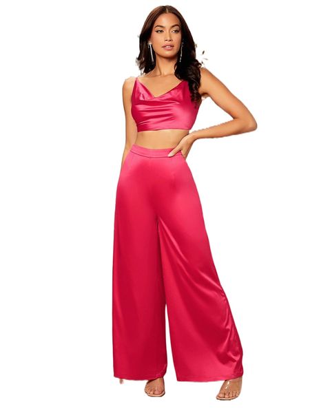 knot strap draped front cami & wide leg pants o0ev#, White