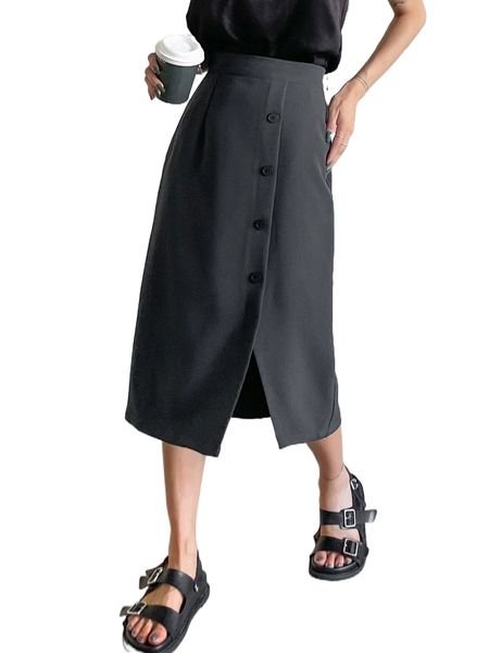dazy button front straight leg skirt o9kl#, Black