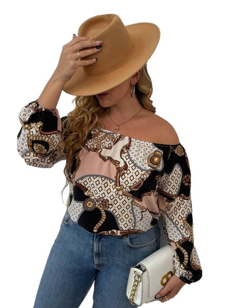 plus geo & chain print off the shoulder blouse c1fv#, Black