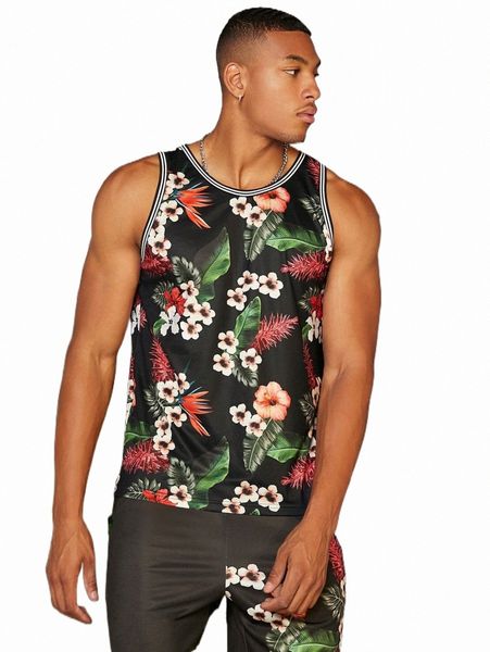 men tropical & floral print tank & shorts 21i8#, Gray