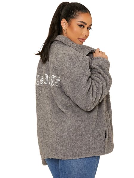 sxy zip up drop shoulder letter embroidery teddy coat k2t7#, Black 
sxy zip up drop shoulder letter embroidery teddy coat k2t7#, Black