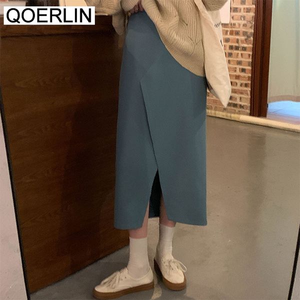 qoerlin korean style half elastic waist skirts women mid slit straight skirt summer side zipper blue black saia mujer 210412
qoerlin korean style half elastic waist skirts women mid slit straight skirt summer side zipper blue black saia mujer 210412