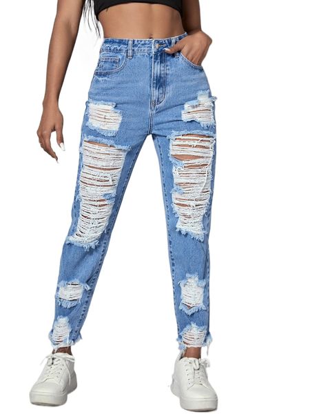 high waist ladder distressed mom jeans a3dv#, Blue