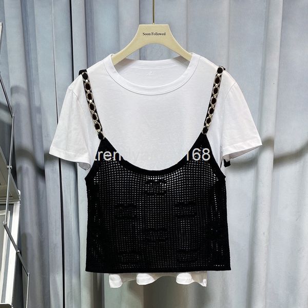 women's knits & tees zhou xun's same two-piece set early spring mesh sling fake letter printed short sleeve hollow out knitted t-s, White
women's knits & tees zhou xun's same two-piece set early spring mesh sling fake letter printed short sleeve hollow out knitted t-s, White