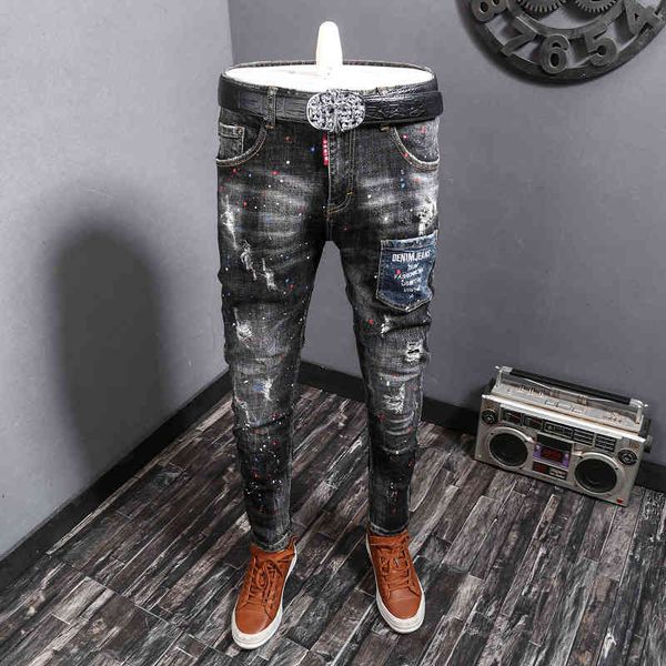 men's jeans fashion street fashion hole men's jeans worn black gray color paint micro elastic slim young r6wx, Blue
men's jeans fashion street fashion hole men's jeans worn black gray color paint micro elastic slim young r6wx, Blue