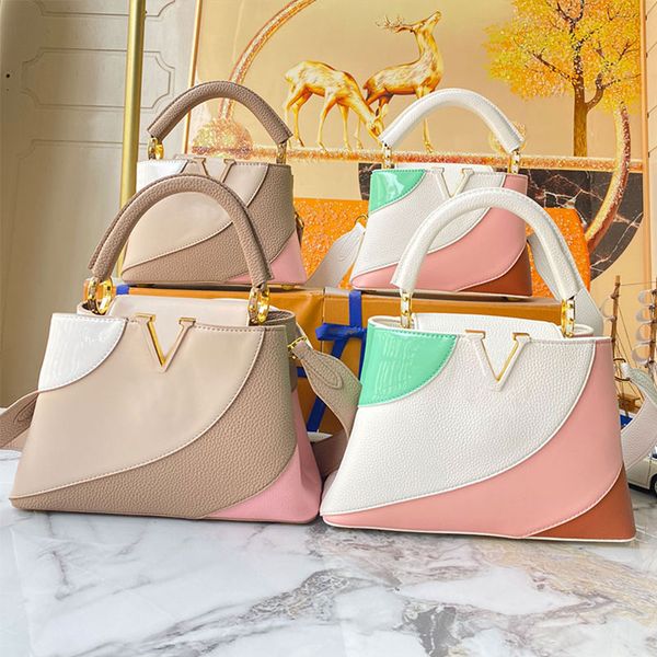 splicing totes handbag purse women shoulder bag genuine leather cowhide cross body bags ice cream color fashion letters gold buckle bottom r
splicing totes handbag purse women shoulder bag genuine leather cowhide cross body bags ice cream color fashion letters gold buckle bottom r