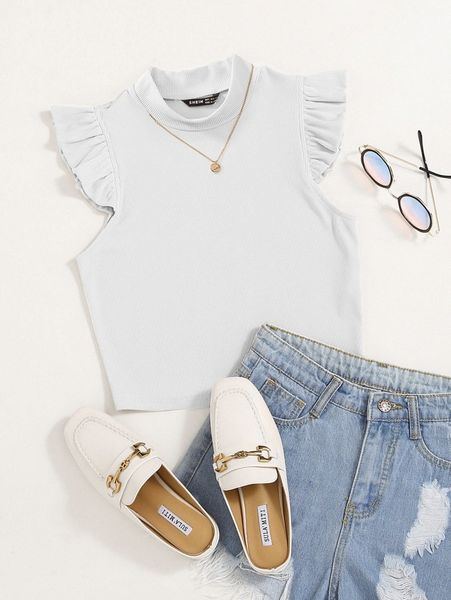 solid rib knit ruffle trimed 15uh#, White
solid rib knit ruffle trimed 15uh#, White