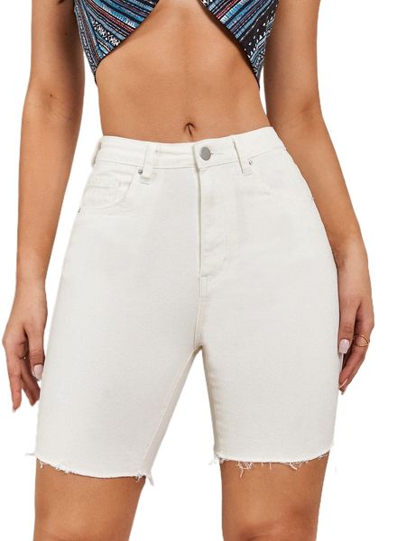 zipper fly raw hem denim shorts 533l#, White;black