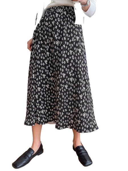 dazy allover floral print plisse skirt 09ba#, Black