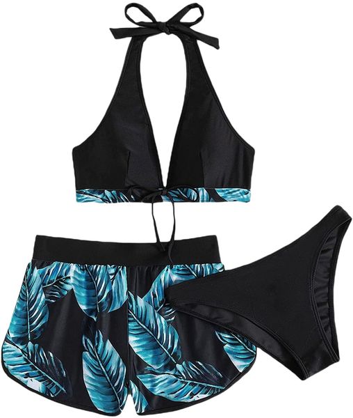 women's 3 piece leaf tropical swimsuit tie front halter high waisted bikini set with shorts bathing suit n4to#, White;black
women's 3 piece leaf tropical swimsuit tie front halter high waisted bikini set with shorts bathing suit n4to#, White;black
