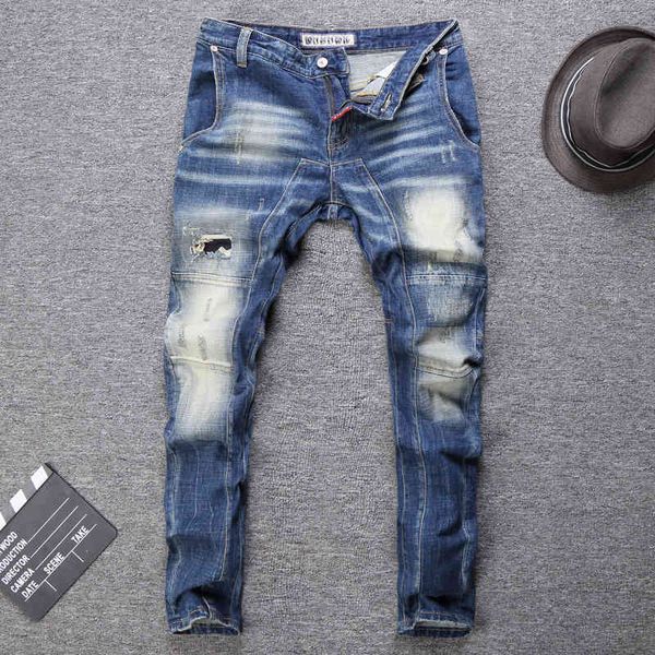 men's jeans locomotive personality worn jeans men's slim fitting washing grinding patching fashion of holes 046t, Blue
men's jeans locomotive personality worn jeans men's slim fitting washing grinding patching fashion of holes 046t, Blue