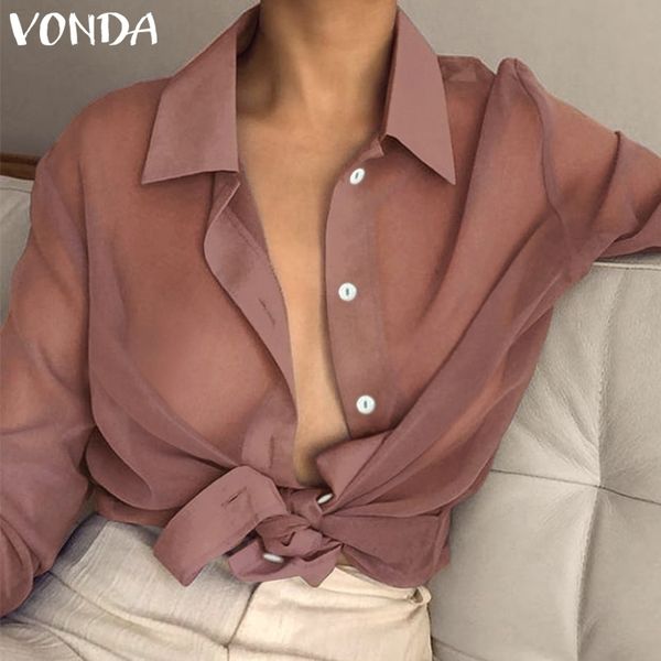 

vonda women lapel neck long sleeve blouse plus size transparent see through spring summer beach wear office shirt y200402, White