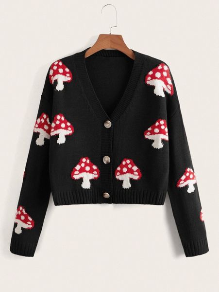 mushroom pattern cardigan h5h4#, White;black
mushroom pattern cardigan h5h4#, White;black