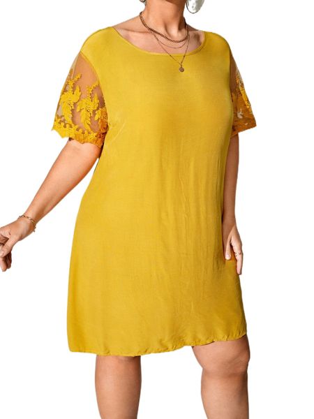 plus contrast floral embroidery mesh tee dress k4nv#, Black 
plus contrast floral embroidery mesh tee dress k4nv#, Black
