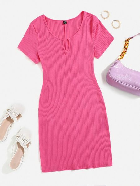 plus notched collar rib-knit solid dress r6p7#, Black 
plus notched collar rib-knit solid dress r6p7#, Black