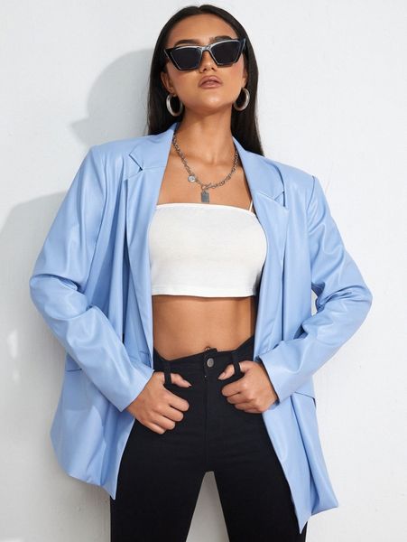 lapel neck flap pocket pu leather blazer s1vg#, White