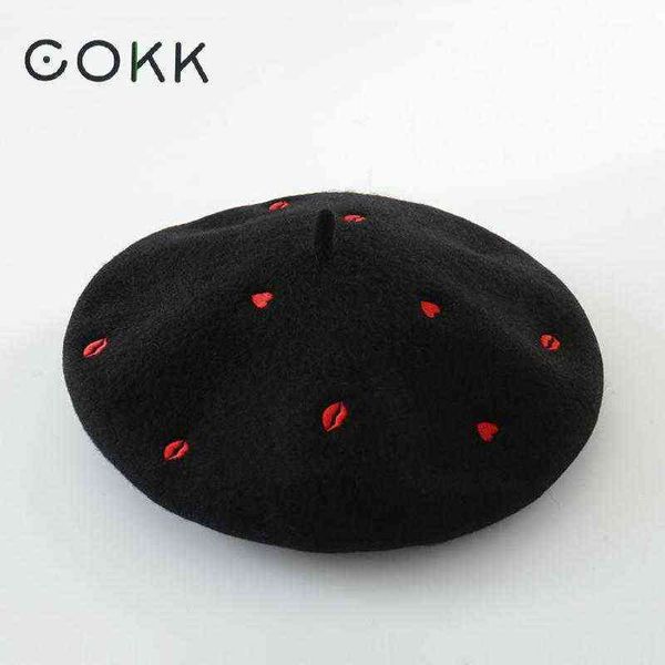 cokk autumn winter hats for women lady wool beret embroidered red heart lip flat cap painter hat female boina soft gorras planas j220722, Blue;gray 
cokk autumn winter hats for women lady wool beret embroidered red heart lip flat cap painter hat female boina soft gorras planas j220722, Blue;gray