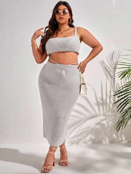 plus plain knitted cover up with skirt set 36mt#, Black