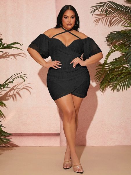 sxy plus swiss dot flutter sleeve tulip hem crisscross bodycon dress p41o#, Black