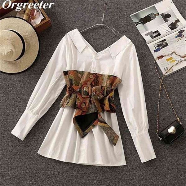 white mini shirt dress suits for women summer long sleeve v-neck slim blouse with retro print girdle women's 210602
white mini shirt dress suits for women summer long sleeve v-neck slim blouse with retro print girdle women's 210602
