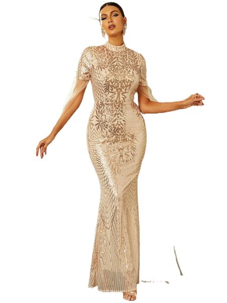 missord contrast mesh cloak sleeve mock neck mermaid hem sequin formal dress i4hv#, Black;gray 
missord contrast mesh cloak sleeve mock neck mermaid hem sequin formal dress i4hv#, Black;gray