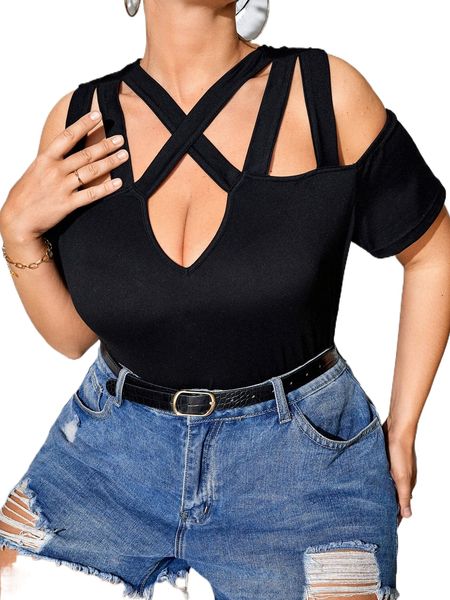 plus crisscross cut out cold shoulder tee y1gz#, Black 
plus crisscross cut out cold shoulder tee y1gz#, Black