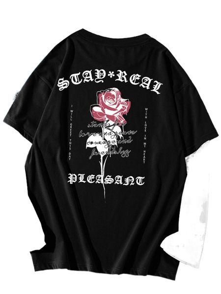 men 2 in 1 rose & letter graphic tee c6o7#, White;black