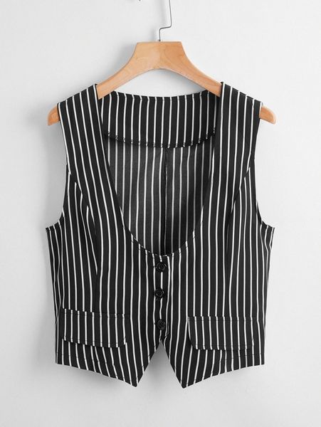 striped button front vest blazer c028#, White
striped button front vest blazer c028#, White