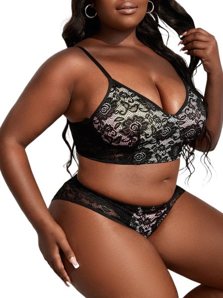 plus floral lace wireless lingerie set f2iu#, Black;white
plus floral lace wireless lingerie set f2iu#, Black;white