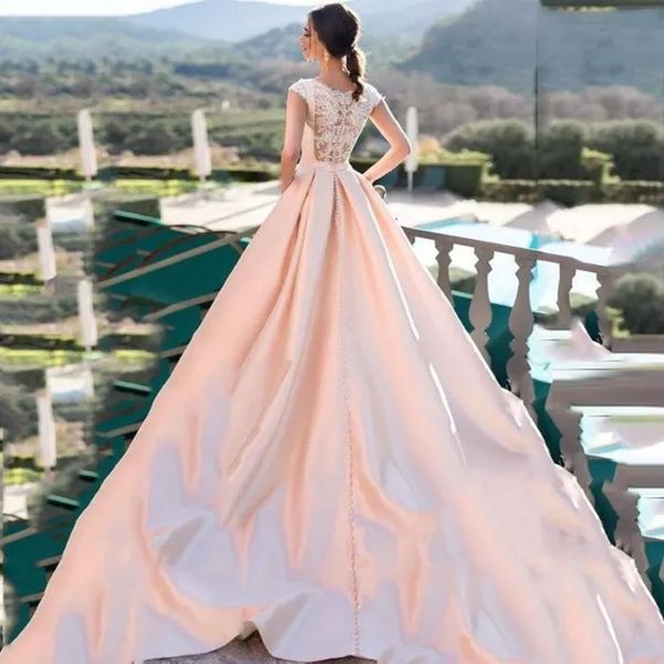 new o-neck satin tulle with applique lace sweep train a-line long sleeve wedding dresses with pocket vestido de noiva, White
new o-neck satin tulle with applique lace sweep train a-line long sleeve wedding dresses with pocket vestido de noiva, White