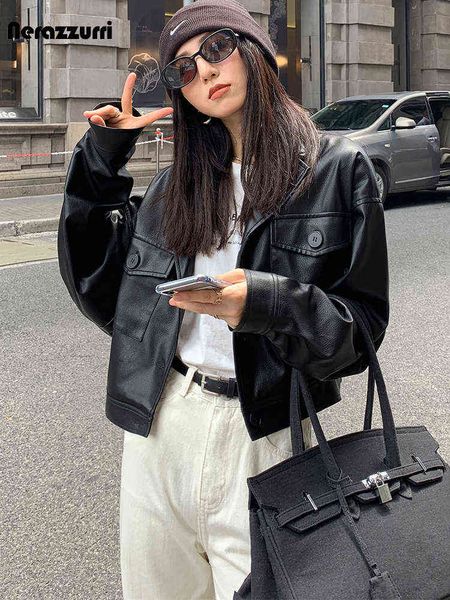 nerazzurri autumn short light soft black leather jacket women drop shoulder long sleeve pockets buttons cool korean fashion 2021 l220728
nerazzurri autumn short light soft black leather jacket women drop shoulder long sleeve pockets buttons cool korean fashion 2021 l220728