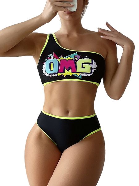 letter graphic contrast binding one shoulder bikini swimsuit u1vx#, White;black 
letter graphic contrast binding one shoulder bikini swimsuit u1vx#, White;black