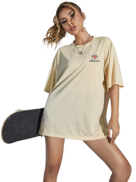 letter & heart print drop shoulder oversized tee e04e#, White