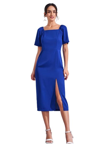 solid butterfly sleeve square neck split thigh dress 66vs#, Black;gray 
solid butterfly sleeve square neck split thigh dress 66vs#, Black;gray