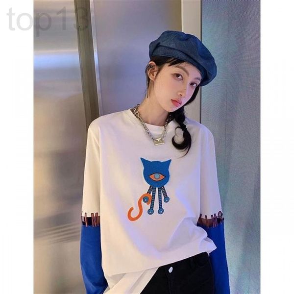 women's t-shirt designer chaopai 22 early spring new contrast color sleeve letter hollowed out stitching little devil embroidery fake t, White
women's t-shirt designer chaopai 22 early spring new contrast color sleeve letter hollowed out stitching little devil embroidery fake t, White