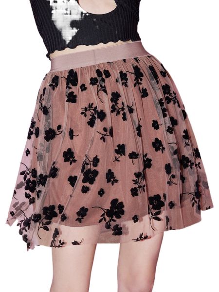 romwe floral mesh skirt x1n0#, Black