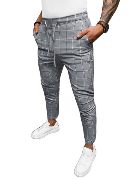 men plaid print drawstring waist pants i29z#, Black