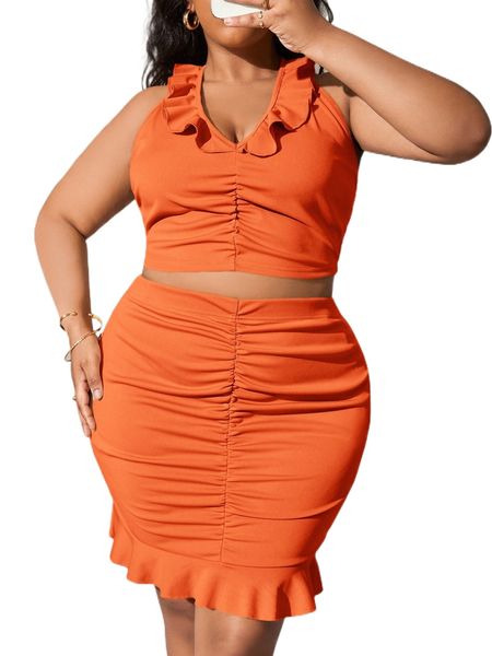 sxy plus ruffle trim backless halter & ruched skirt w4tw#, Black
sxy plus ruffle trim backless halter & ruched skirt w4tw#, Black