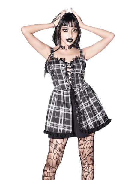gothic plaid grommet lace up cami dress x6mi#, Black;gray
gothic plaid grommet lace up cami dress x6mi#, Black;gray